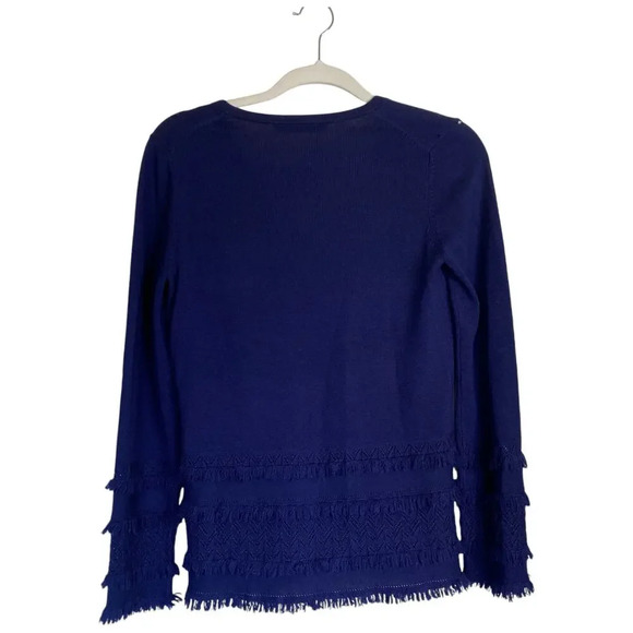 TRINA TURK Merino Wool Navy Blue Sweater Size Small Tassel Fringe - Picture 2 of 10